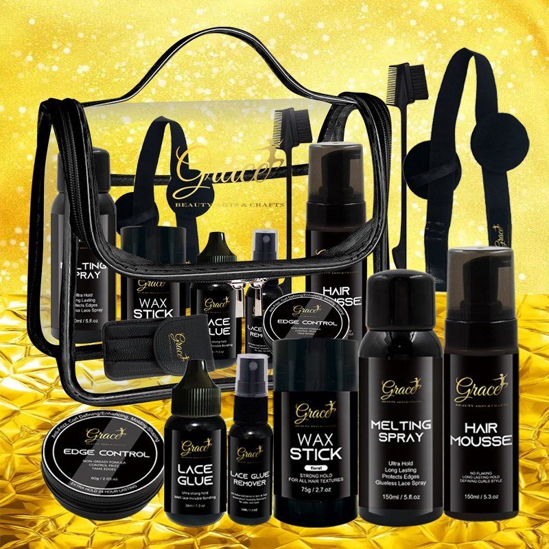 New Arrival Lace Glue Edge Control Wax Stick Curly Hair Mousse Melting Spray Black Gold Lace Wig Install Kit With Travel Bag