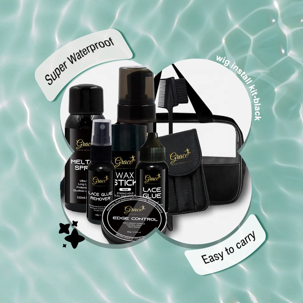 New Arrival Lace Glue Edge Control Wax Stick Curly Hair Mousse Melting Spray Black Gold Lace Wig Install Kit With Travel Bag