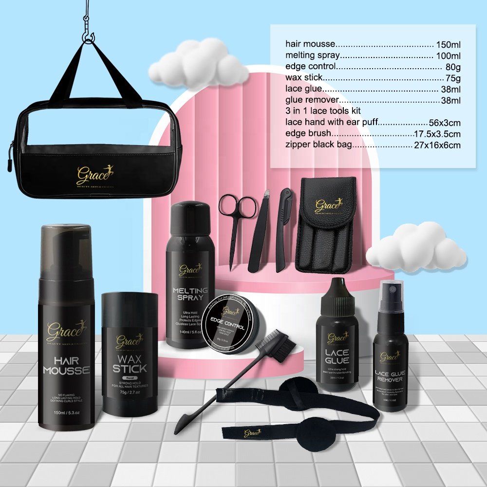 New Arrival Lace Glue Edge Control Wax Stick Curly Hair Mousse Melting Spray Black Gold Lace Wig Install Kit With Travel Bag