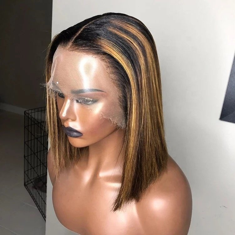 Cuticle Aligned Virgin Hair Thin Swiss Lace Front Wig Pre Plucked Hairline Brown Blonde Highlight Color Short Human Lace Wigs
