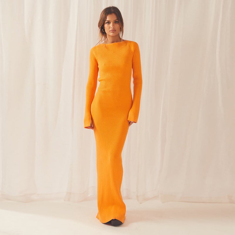 Factory Wholesales Knitwear Slim Fit Orange Cutout Ribbed Stretch Knit Maxi Dress