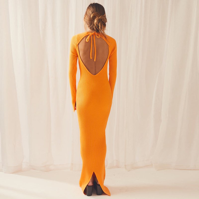 Factory Wholesales Knitwear Slim Fit Orange Cutout Ribbed Stretch Knit Maxi Dress