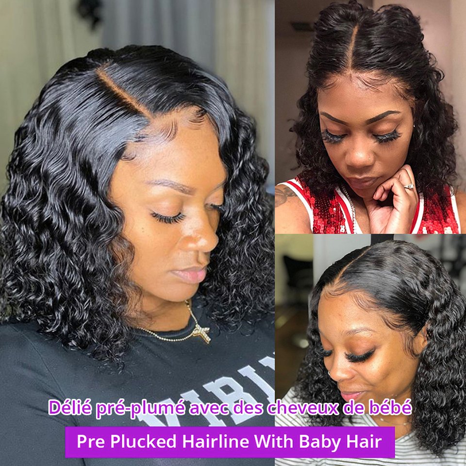 Wholesale lace frontal wig for black women natural color short bob wigs human hair lace front glueless raw deep wave bob wig