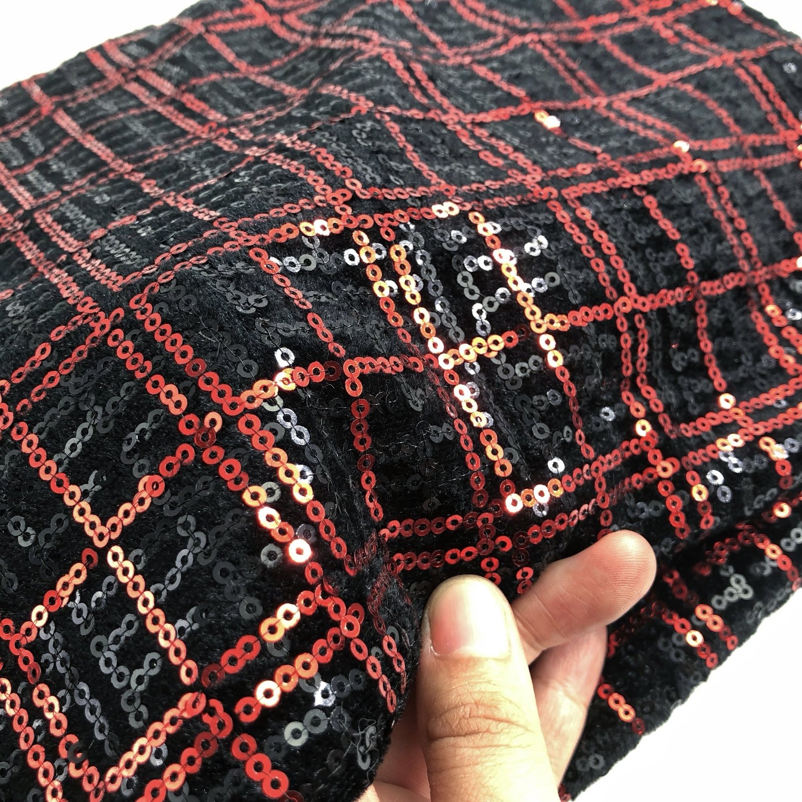 4 way elastic 3 MM red and black cross velvet backing sequins for evening dress toys costume bags shoes