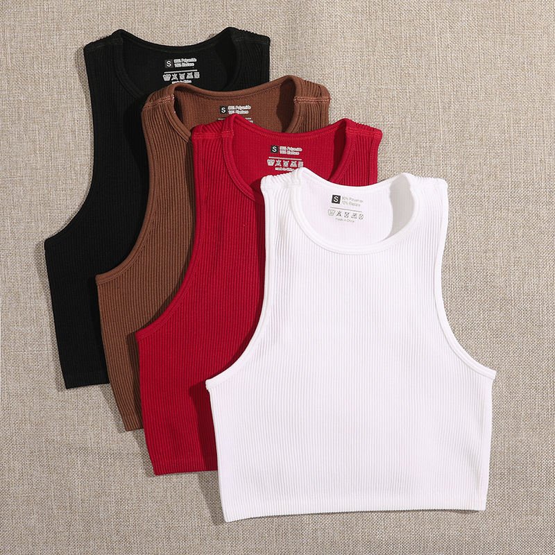 Crop Top Women Solid Basic T-shirts Vest Seamless Streetwear Elastic Rib-knit Sleeveless Casual Tank Tops 2pcs Full Shorts Print
