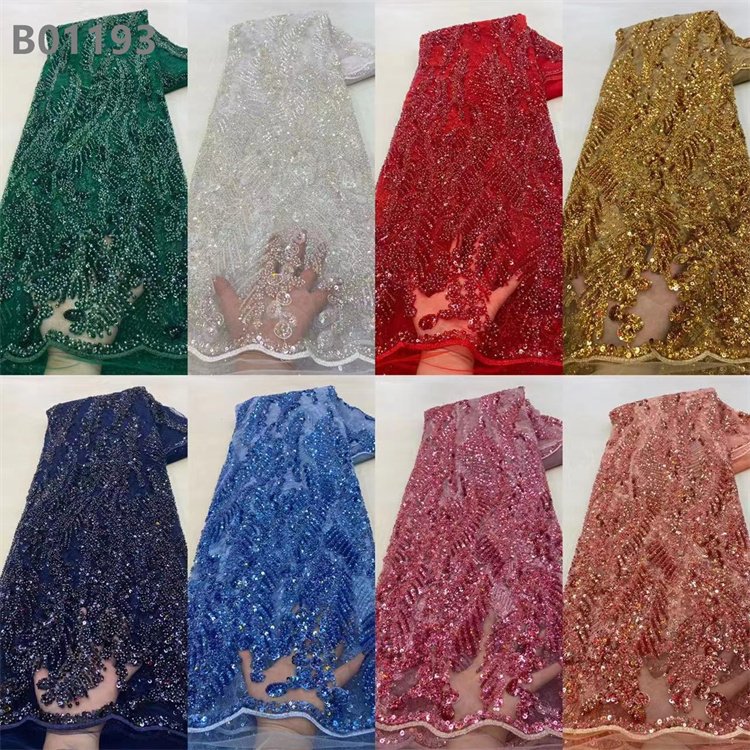 Attractive Golden Sequins Beads Embroidery Mesh Fabric African Bridal Dress Lace Fabric