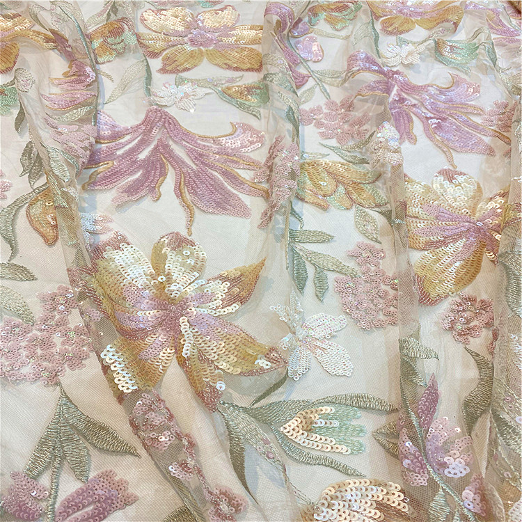Advanced technology low price sequin embroidery golden supplier floral lace fabric wedding dress