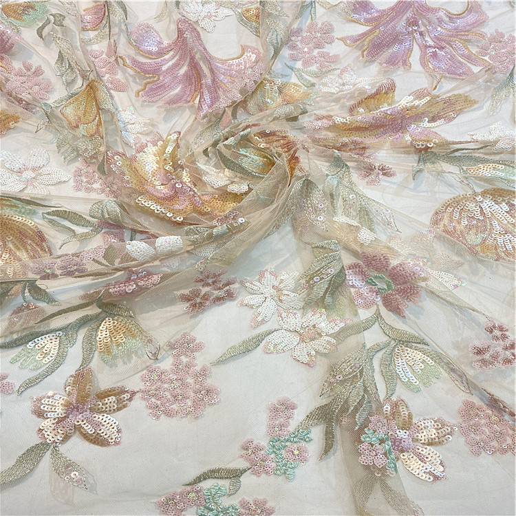 Advanced technology low price sequin embroidery golden supplier floral lace fabric wedding dress