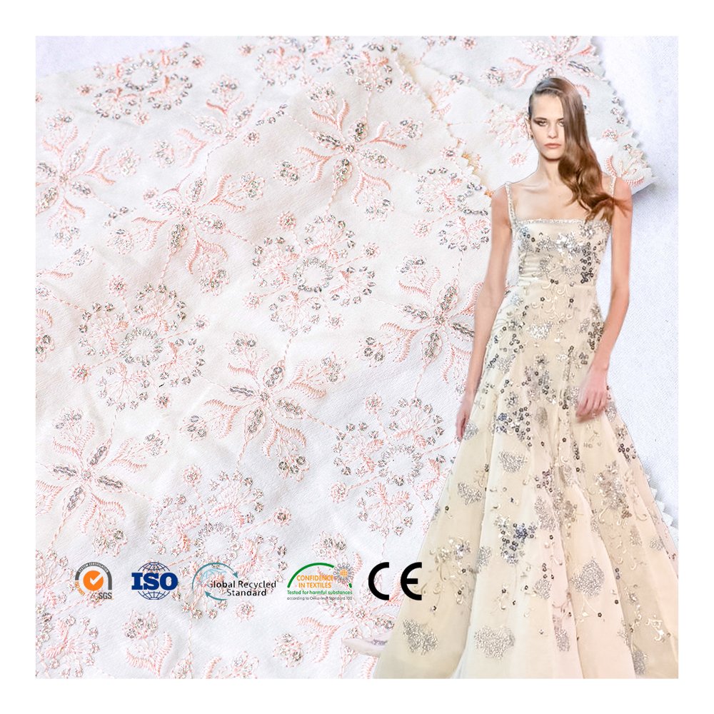Fashion White Sequin Embroidery Fabric Nylon Cotton Embroidery Fabric For Dress
