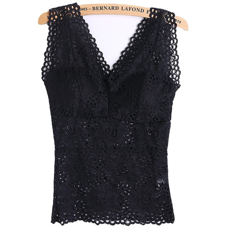 New in Tank Top V-neck Skeleton with Pads Spaghetti Straps All-Match Sexy Lace Long Bra Crochet Vest Inside Wear