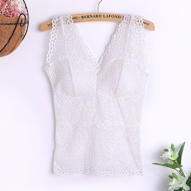 New in Tank Top V-neck Skeleton with Pads Spaghetti Straps All-Match Sexy Lace Long Bra Crochet Vest Inside Wear