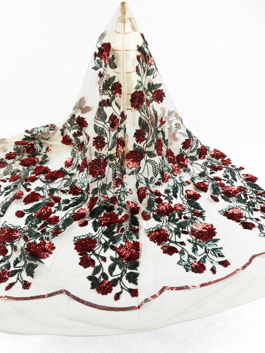 Flower hawaiian Fabric Rose embroider Polyester tulle mesh floral fabric evening party Bridal wedding dress sequin lace fabric