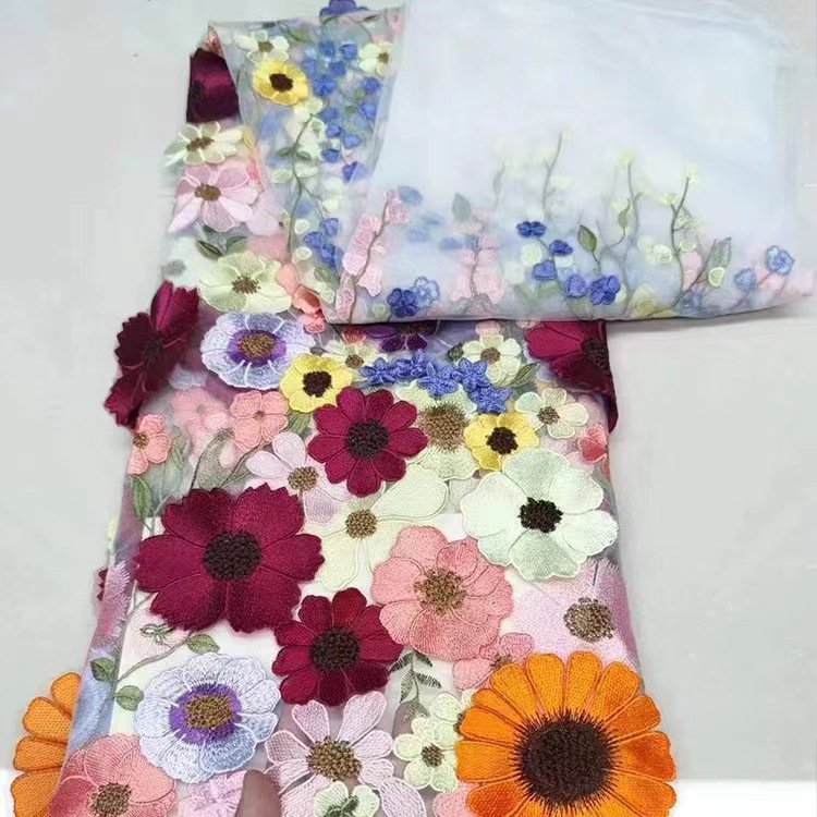 Hot Sale Custom 125CM Wide3D Flower French tulle Lace Applique African Embroidery bridal Fabric For Wedding Dress