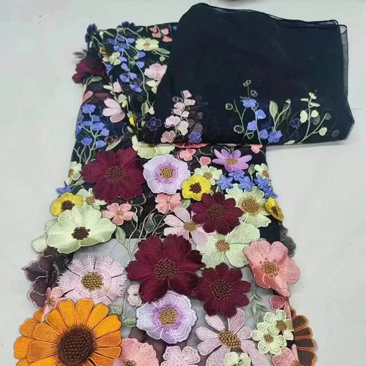Hot Sale Custom 125CM Wide3D Flower French tulle Lace Applique African Embroidery bridal Fabric For Wedding Dress