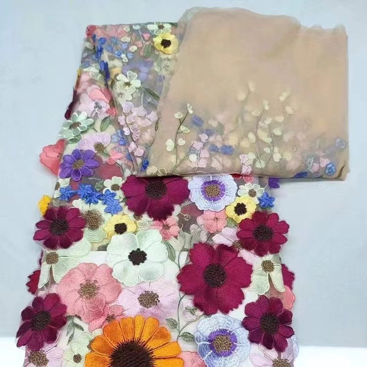 Hot Sale Custom 125CM Wide3D Flower French tulle Lace Applique African Embroidery bridal Fabric For Wedding Dress