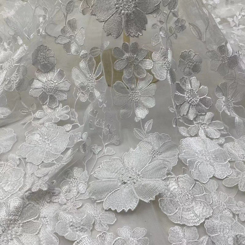 Hot Sale Custom 125CM Wide3D Flower French tulle Lace Applique African Embroidery bridal Fabric For Wedding Dress