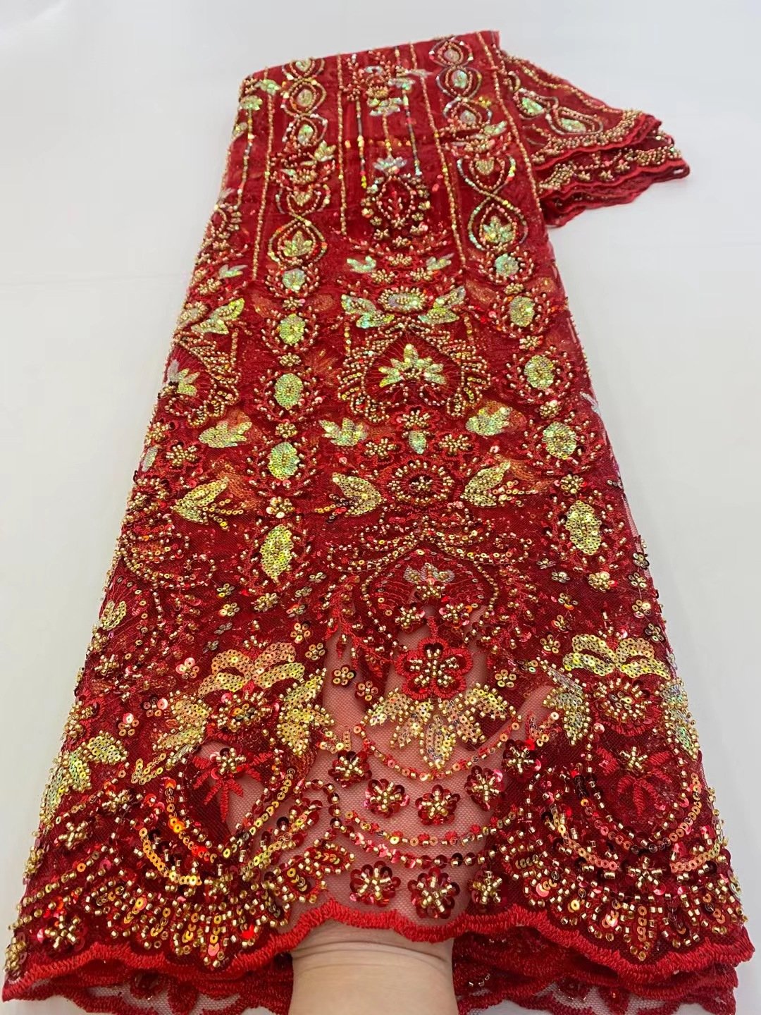 LS733 Luxury Tulle Lace Beaded Tube Sequins Embroidery Fabric High-end Evening Dress Fabric