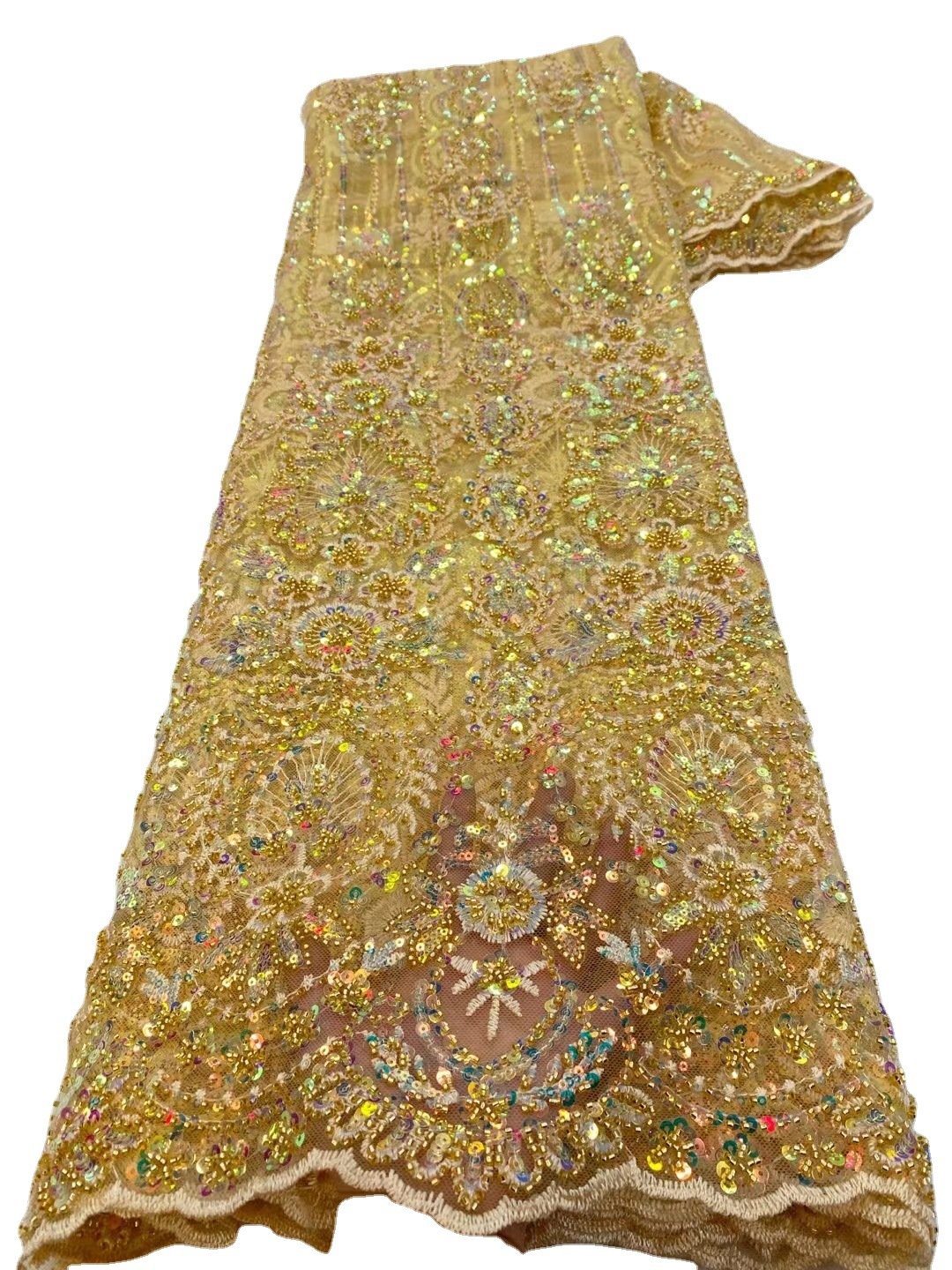 LS733 Luxury Tulle Lace Beaded Tube Sequins Embroidery Fabric High-end Evening Dress Fabric