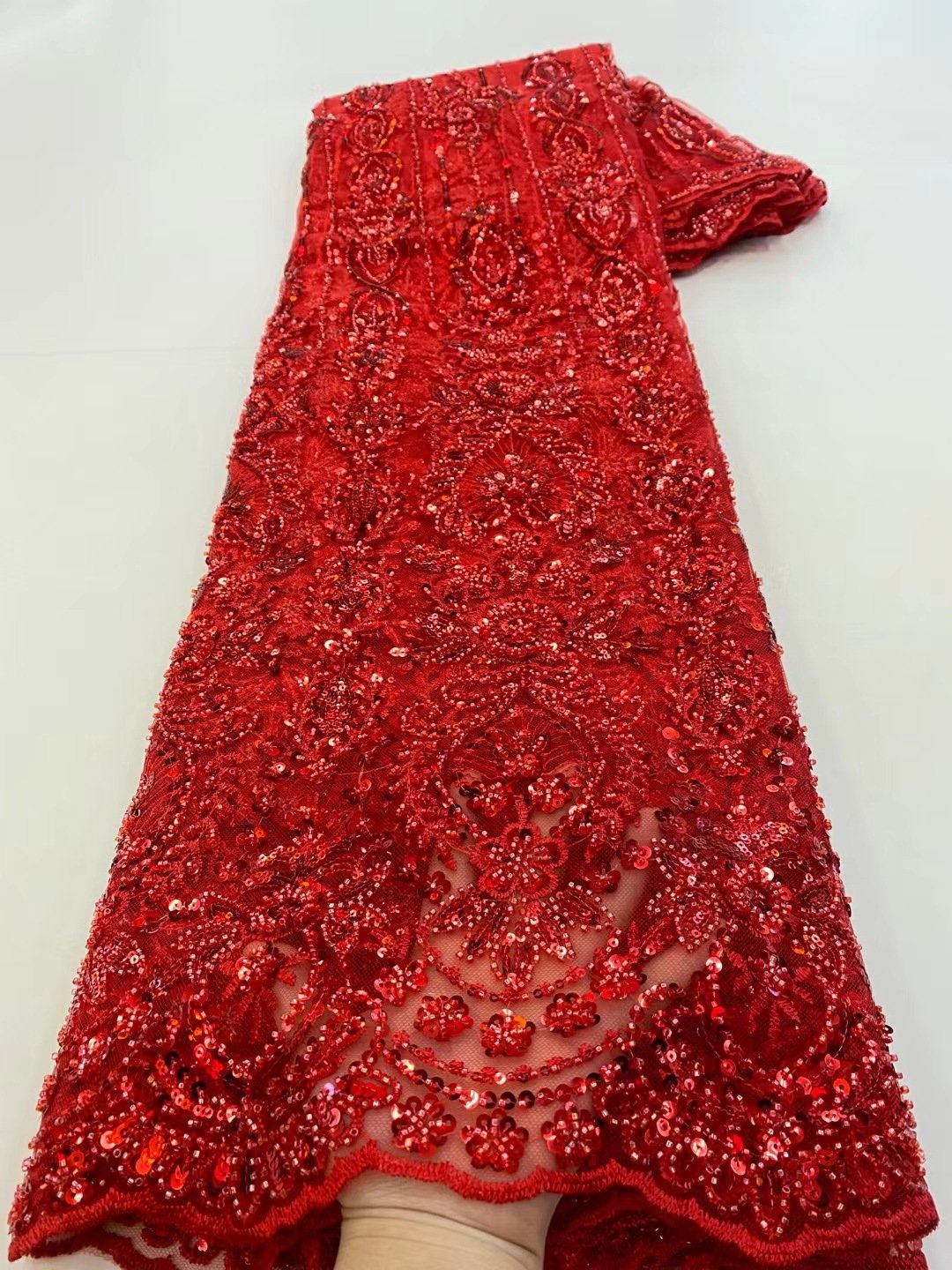 LS733 Luxury Tulle Lace Beaded Tube Sequins Embroidery Fabric High-end Evening Dress Fabric
