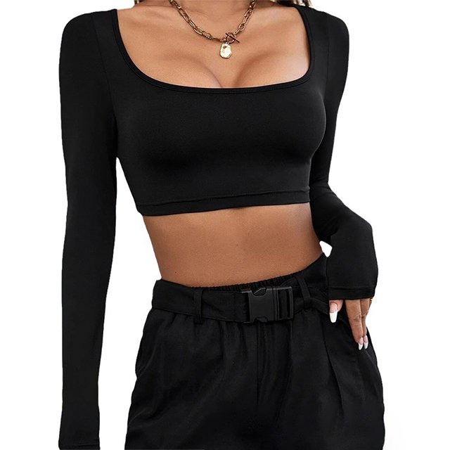 New hot selling short sexy T-shirt for women with long slim fit sleeves