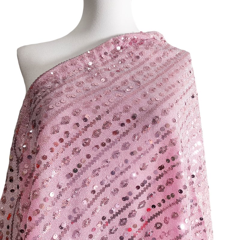 pink line patterned embroidery sequin fabric on polyester knitted gigimi for elegance dress