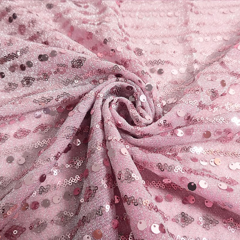 pink line patterned embroidery sequin fabric on polyester knitted gigimi for elegance dress