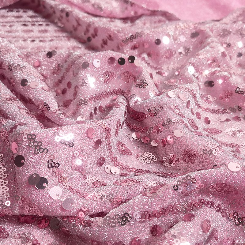pink line patterned embroidery sequin fabric on polyester knitted gigimi for elegance dress