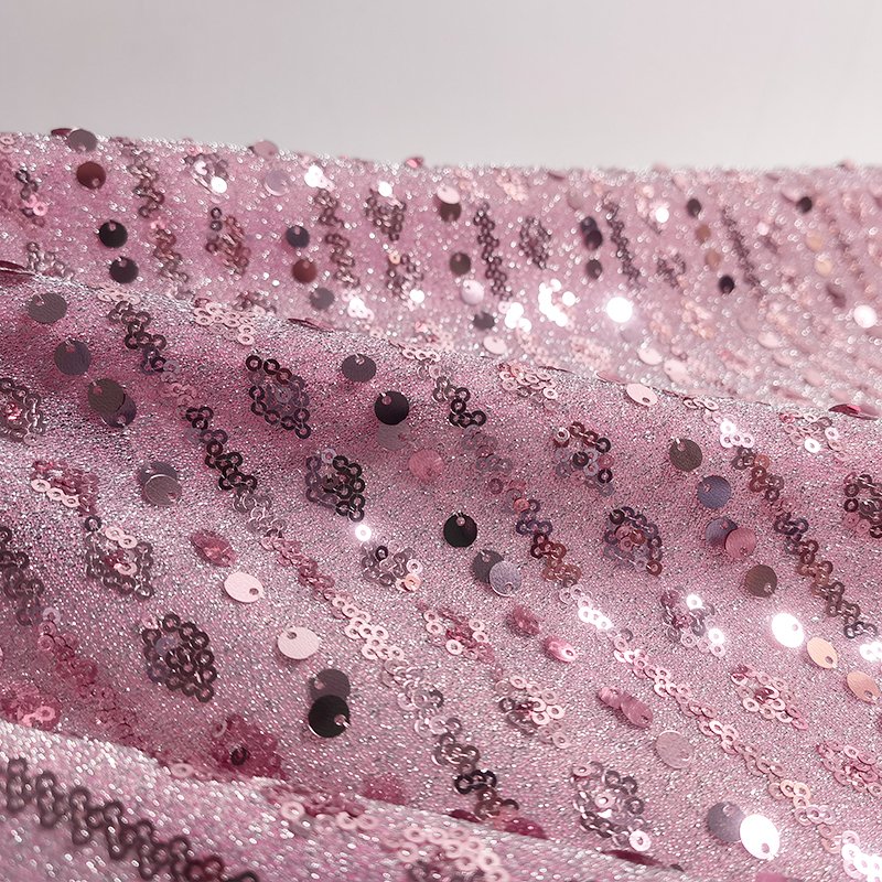 pink line patterned embroidery sequin fabric on polyester knitted gigimi for elegance dress