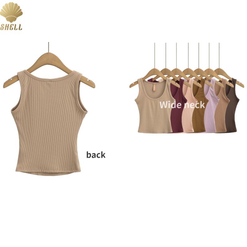 CNSHELL Manufacturer Wide U-neck Stretch Slim Fit Micro Rib Cropped Sleeveless Vest Women's Solid Tank Top