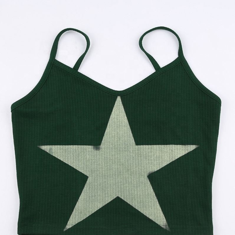 Fashion y2k spicy girl green camis ribbed graphic v-neck strap crop tops women's breathable sexy tank tops