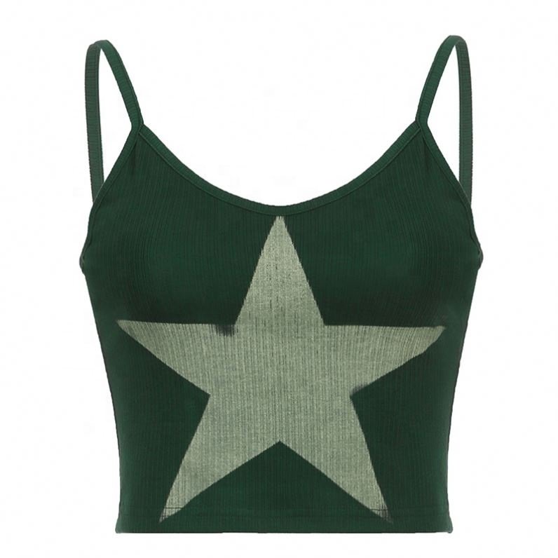 Fashion y2k spicy girl green camis ribbed graphic v-neck strap crop tops women's breathable sexy tank tops