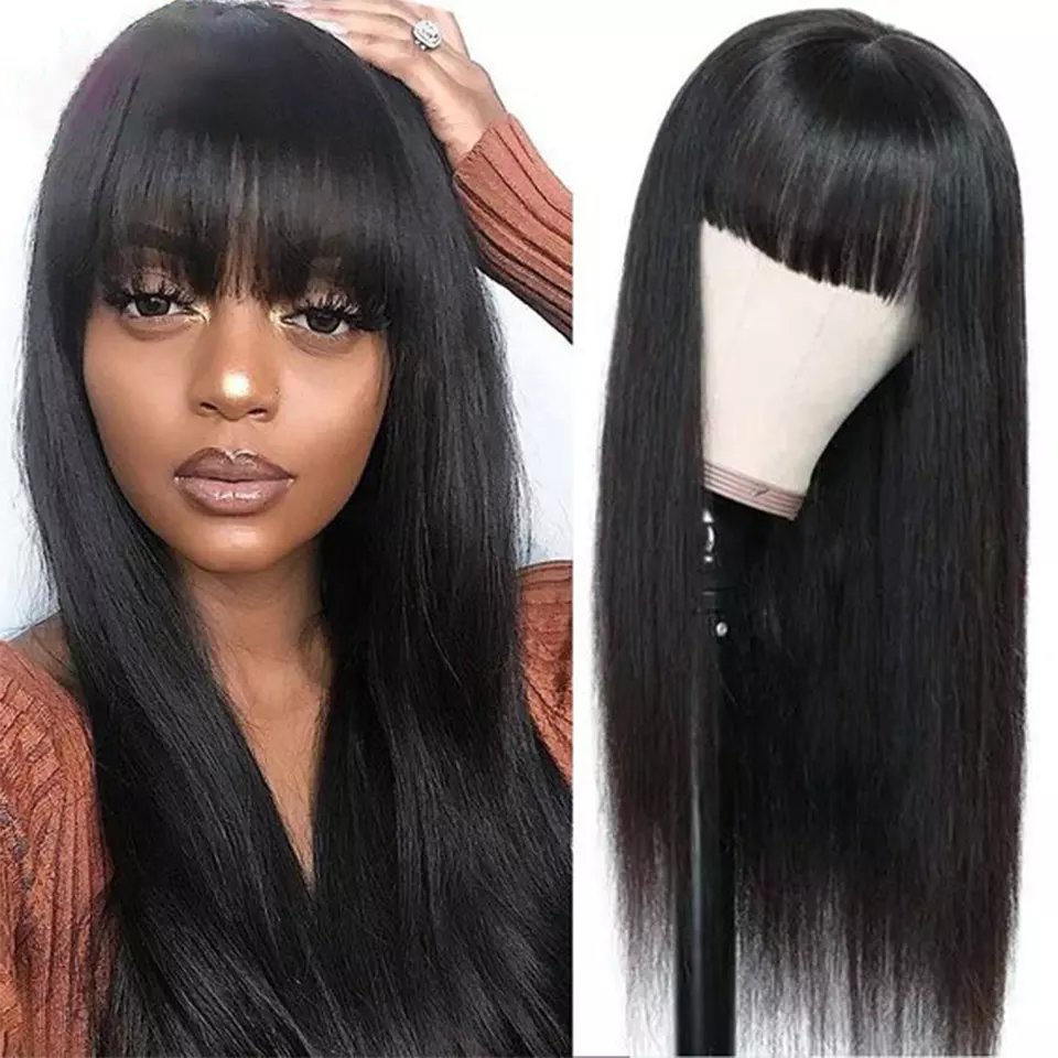 ZSF Machine Made Wigs with Bang Silky Straight None Lace Wig Natural Black Color 150% Density Human Hair Wigs For Black Women