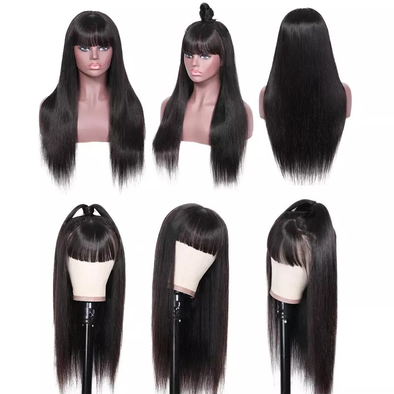 ZSF Machine Made Wigs with Bang Silky Straight None Lace Wig Natural Black Color 150% Density Human Hair Wigs For Black Women