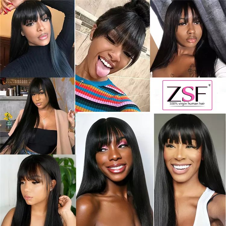 ZSF Machine Made Wigs with Bang Silky Straight None Lace Wig Natural Black Color 150% Density Human Hair Wigs For Black Women