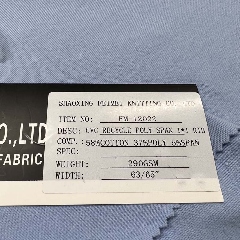 Eco Friendly Recycled Polyester Fabric 58%Cotton 37%Poly 5%Span CVC 1*1 Rib Fabric for Activewear