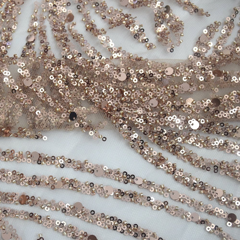HY1727 New turkish lace super shiny beaded crystal sequins elegant wedding dress lace fabric rose gold fabric factory price