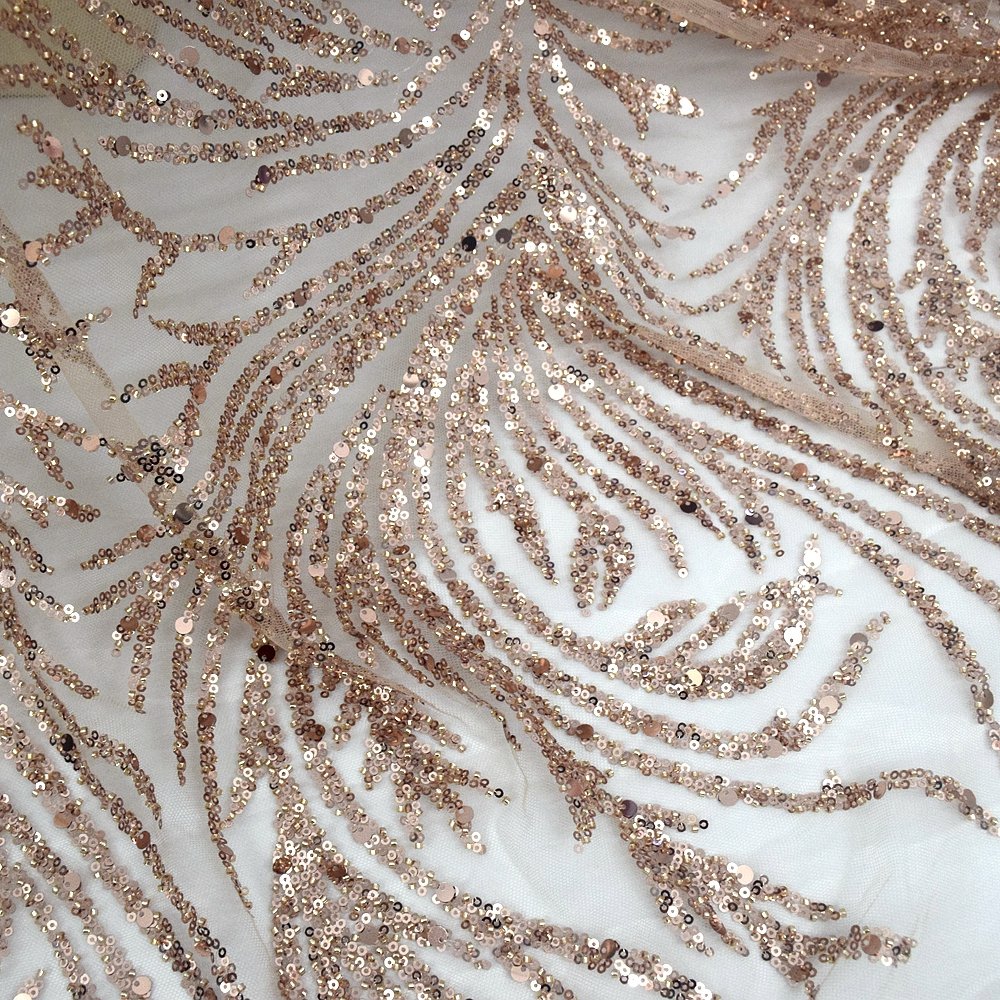 HY1727 New turkish lace super shiny beaded crystal sequins elegant wedding dress lace fabric rose gold fabric factory price