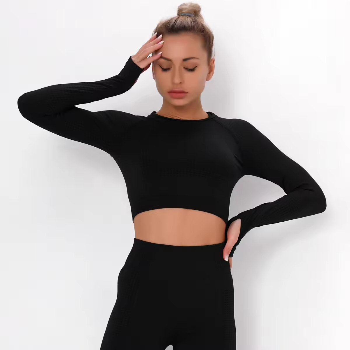 Custom Logo Woman Seamless Gym Outwear Yoga Set Sexy Girls Long Sleeve Top Leggings Ribbed Girls Fitness Training Sports Sets