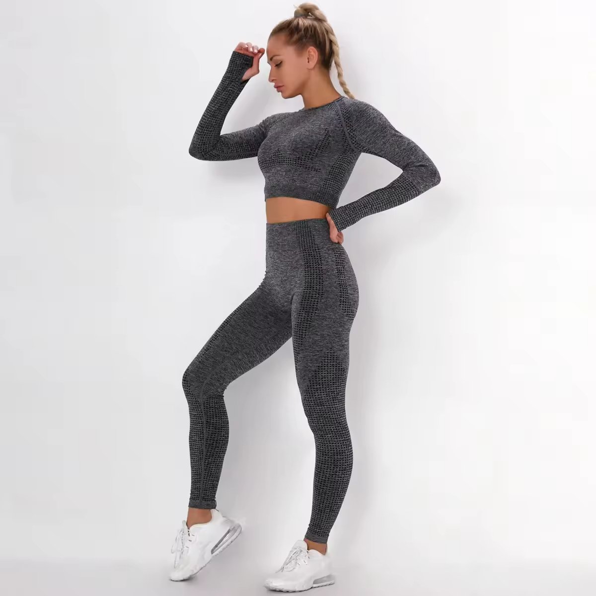 Custom Logo Woman Seamless Gym Outwear Yoga Set Sexy Girls Long Sleeve Top Leggings Ribbed Girls Fitness Training Sports Sets