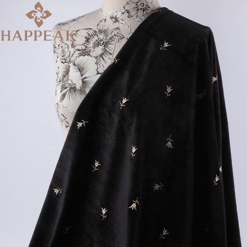 HAPPEAK New Design Soft Black Velvet Embroidery Fabric Stretchy Flower Embossed Velvet Fabric For Women Dress