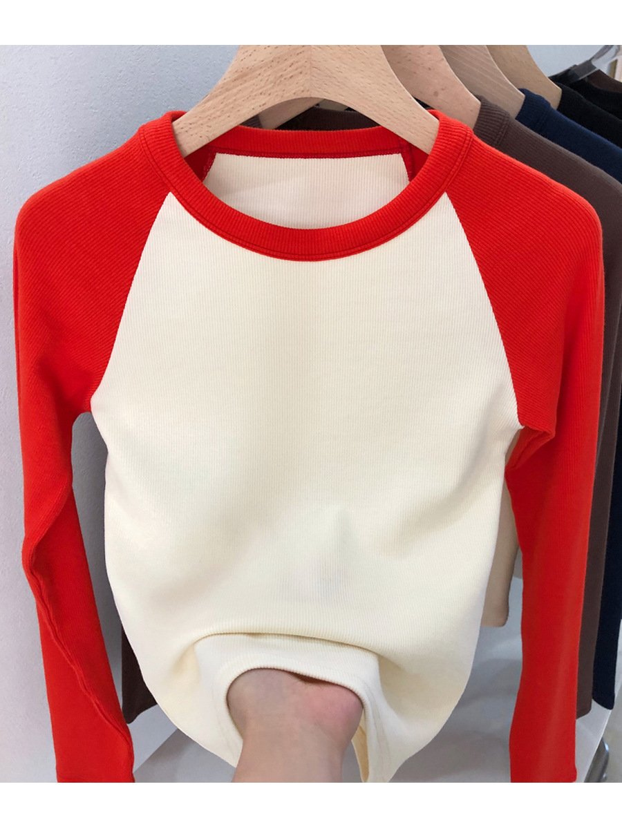 2024 Highly Elastic Blank White Crew Necks Long Raglan Sleeve T-shirt Ribbed Cropped Top Fitted Tshirt For Women