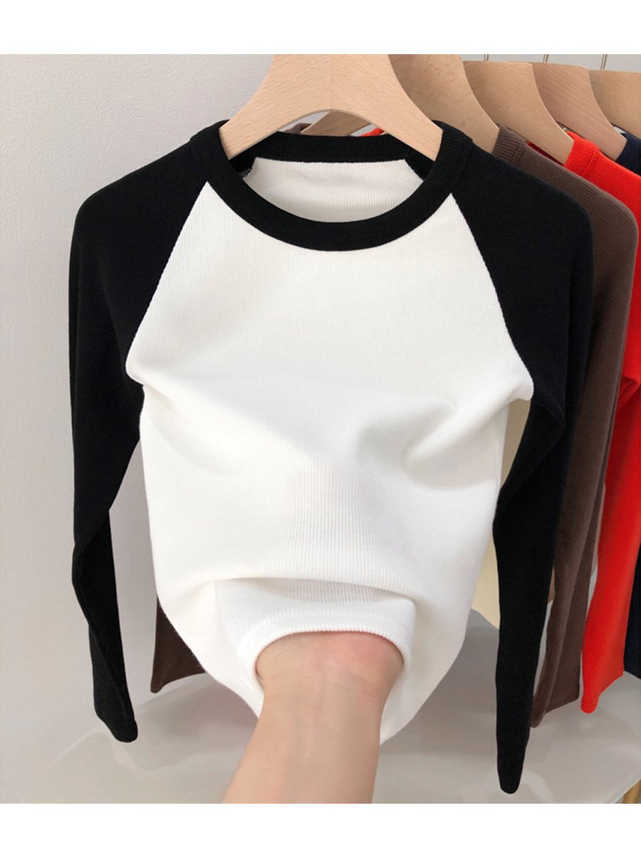 2024 Highly Elastic Blank White Crew Necks Long Raglan Sleeve T-shirt Ribbed Cropped Top Fitted Tshirt For Women