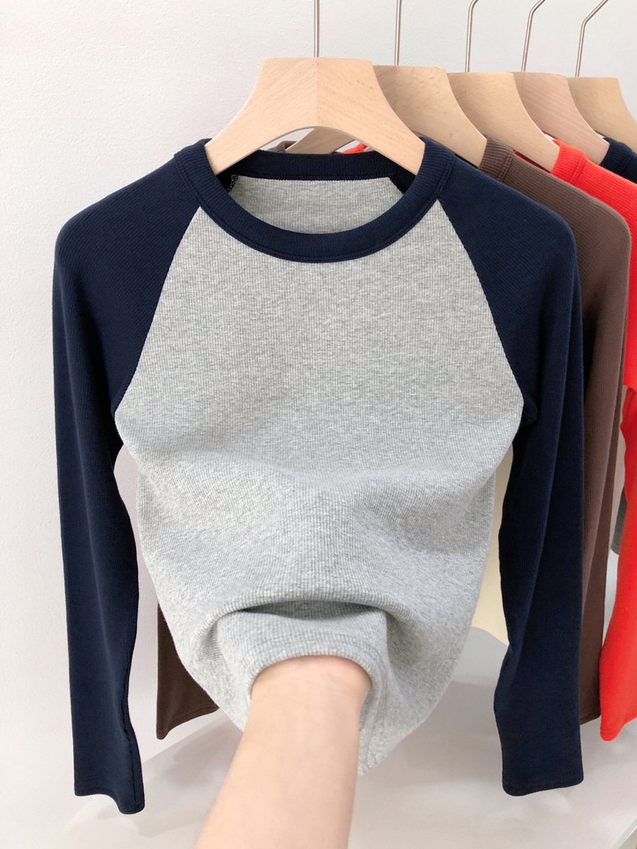 2024 Highly Elastic Blank White Crew Necks Long Raglan Sleeve T-shirt Ribbed Cropped Top Fitted Tshirt For Women