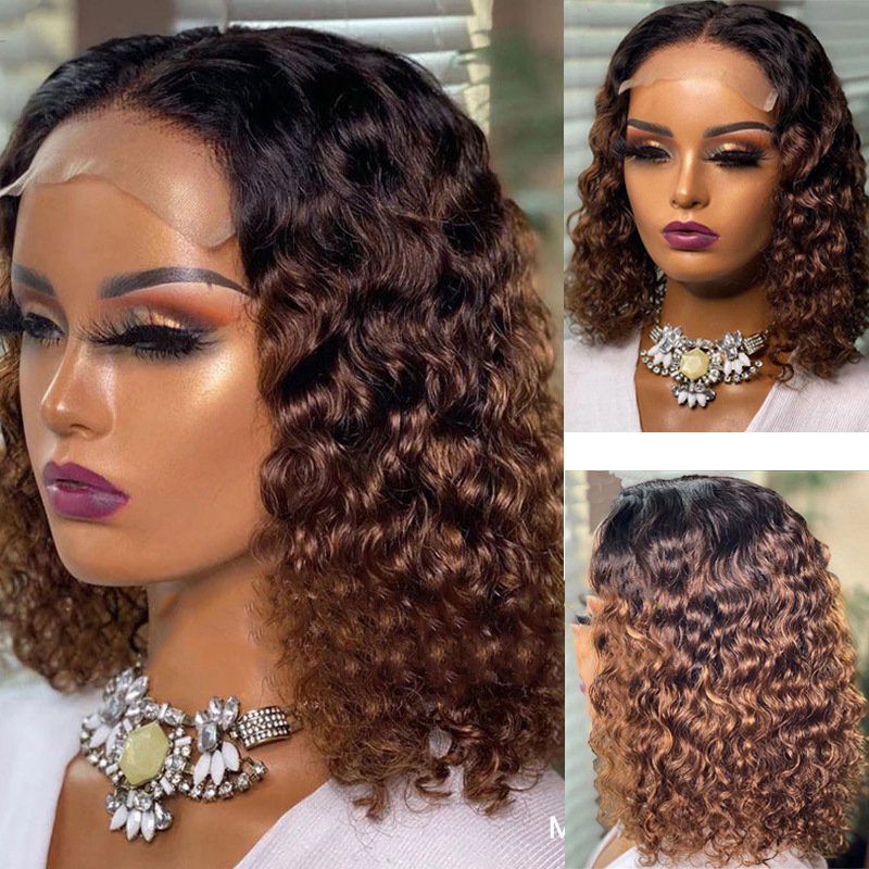 Fashion High Temperature Wire Women's Former Lace Head Cap Wigs Medium Gradient Color African Short Curly Hair