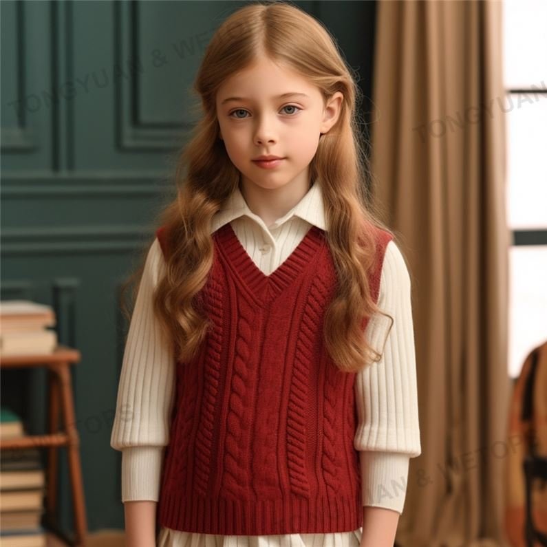 School Style Classical Sleeveless Girls Ribbed Knit Sweater Vest