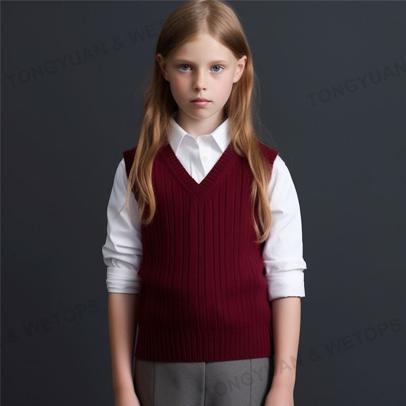School Style Classical Sleeveless Girls Ribbed Knit Sweater Vest