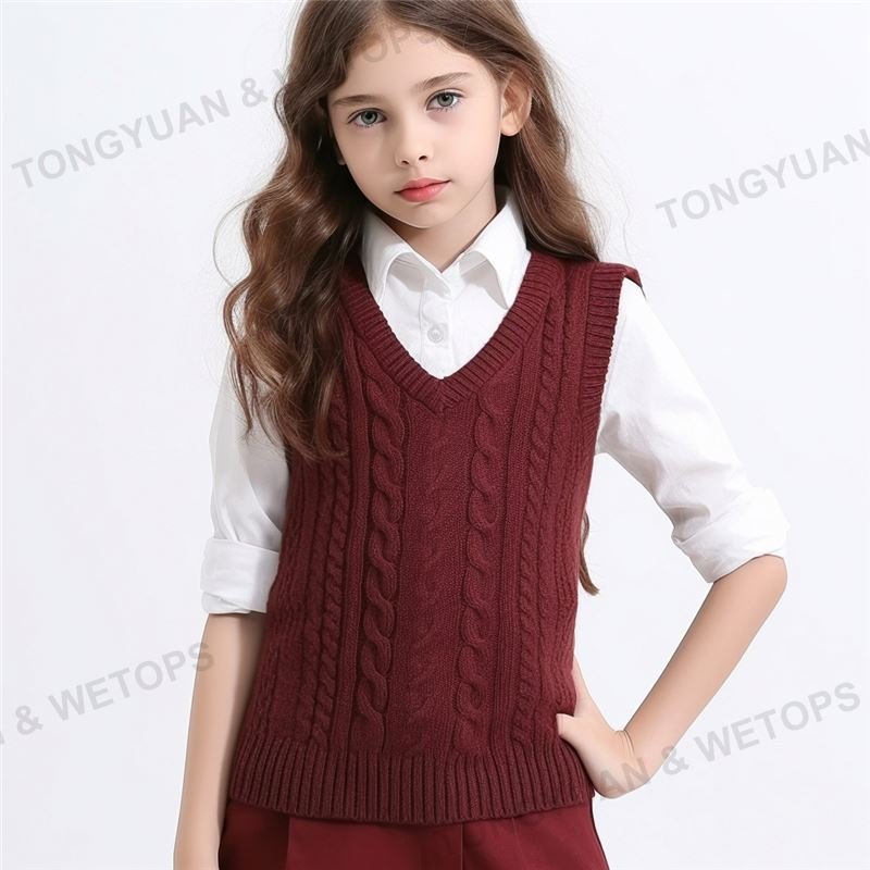 School Style Classical Sleeveless Girls Ribbed Knit Sweater Vest
