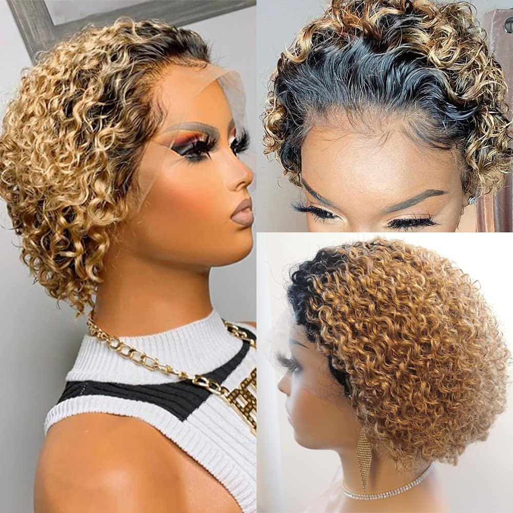 Wholesale 13x4 T Part Brazilian Hair Wig 1B/27 Pre-pluck Lace Vendors Transparent Pixie Cut Virgin Cambodian Short Curly 8inch