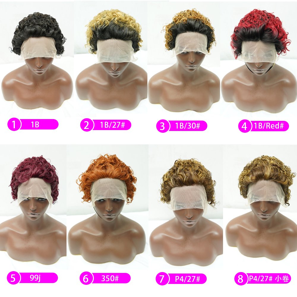 Wholesale 13x4 T Part Brazilian Hair Wig 1B/27 Pre-pluck Lace Vendors Transparent Pixie Cut Virgin Cambodian Short Curly 8inch