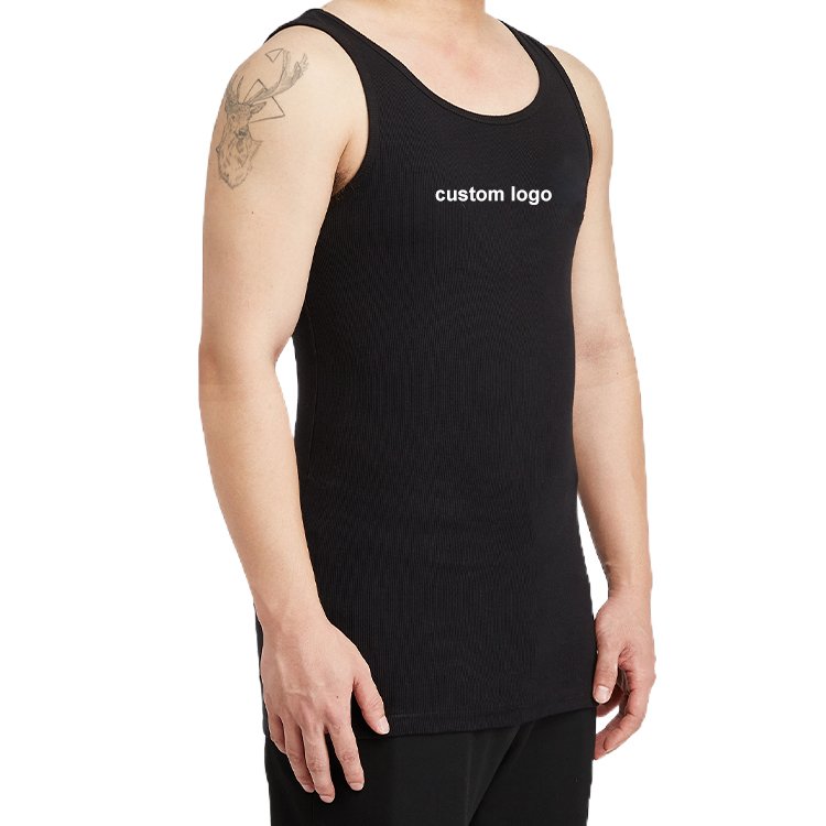 custom logo gym printed thick material elastin ribbed fleece 100% cotton blank solid regular knit basic undershirts tank top